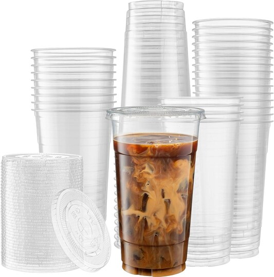 Greentek; Crystal Clear PET Cups With Flat lids for Iced Coffee,Milkshake, Cold Drinks, Slush Cups, Smoothy's, Slurpee, Ice cream, Dessert, Party's, Plastic Disposable Cups (50, 32 oz); Category:Cups; Image:1